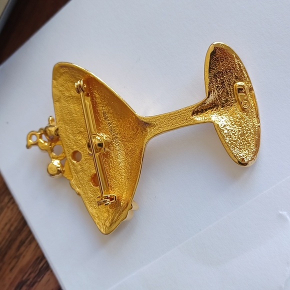 JJ Jonette Gold Tone Champagne Glass Rhinestones Bubbles Pin Brooch Signed - Picture 2 of 4
